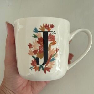 Sezane White Mug with Black 'J' Monogram w/ Floral Design. Never used